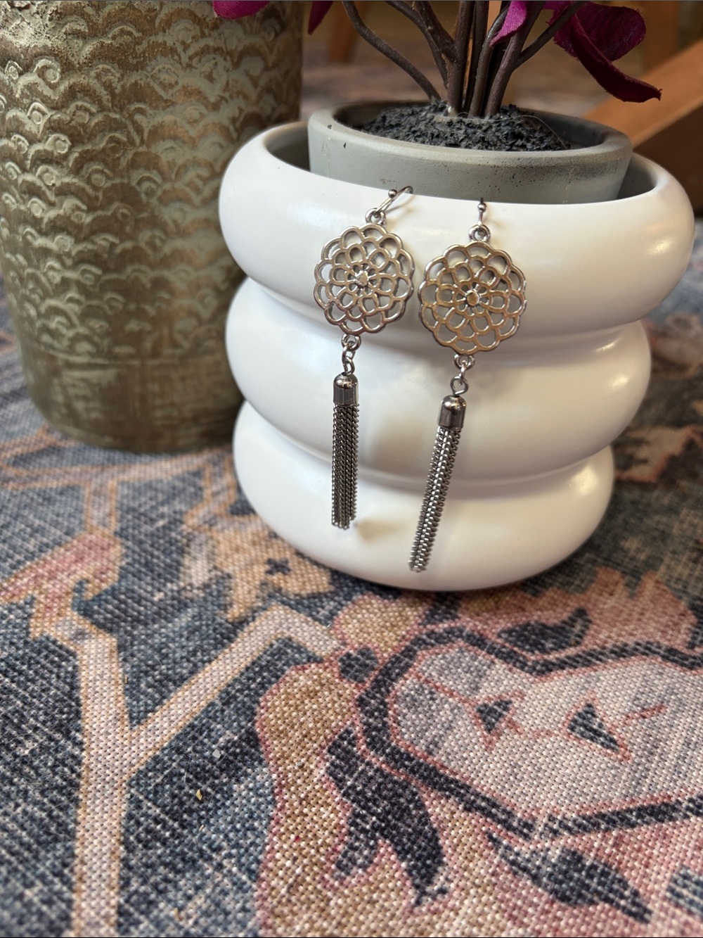 Silver Filigree Tassel Dangle Earrings